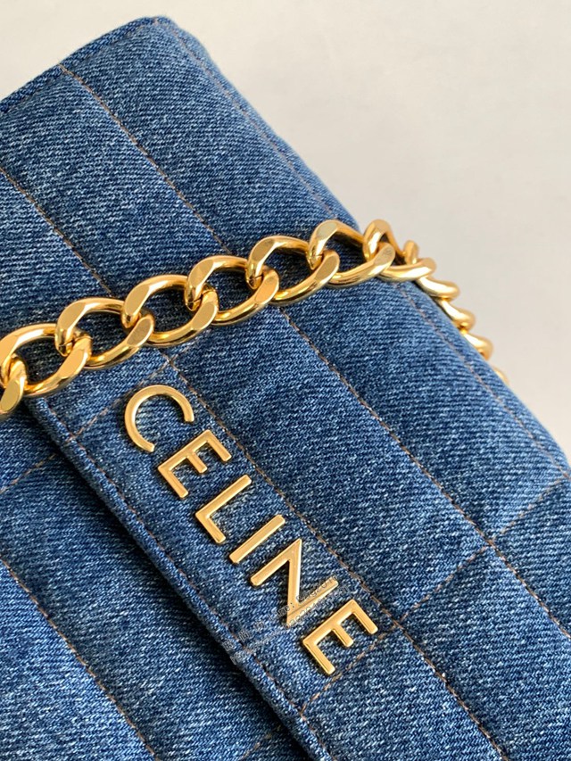 Celine專櫃2022新款絎縫牛仔布革鏈條肩背包 賽琳牛仔布絎縫斜挎女包 sldj2379